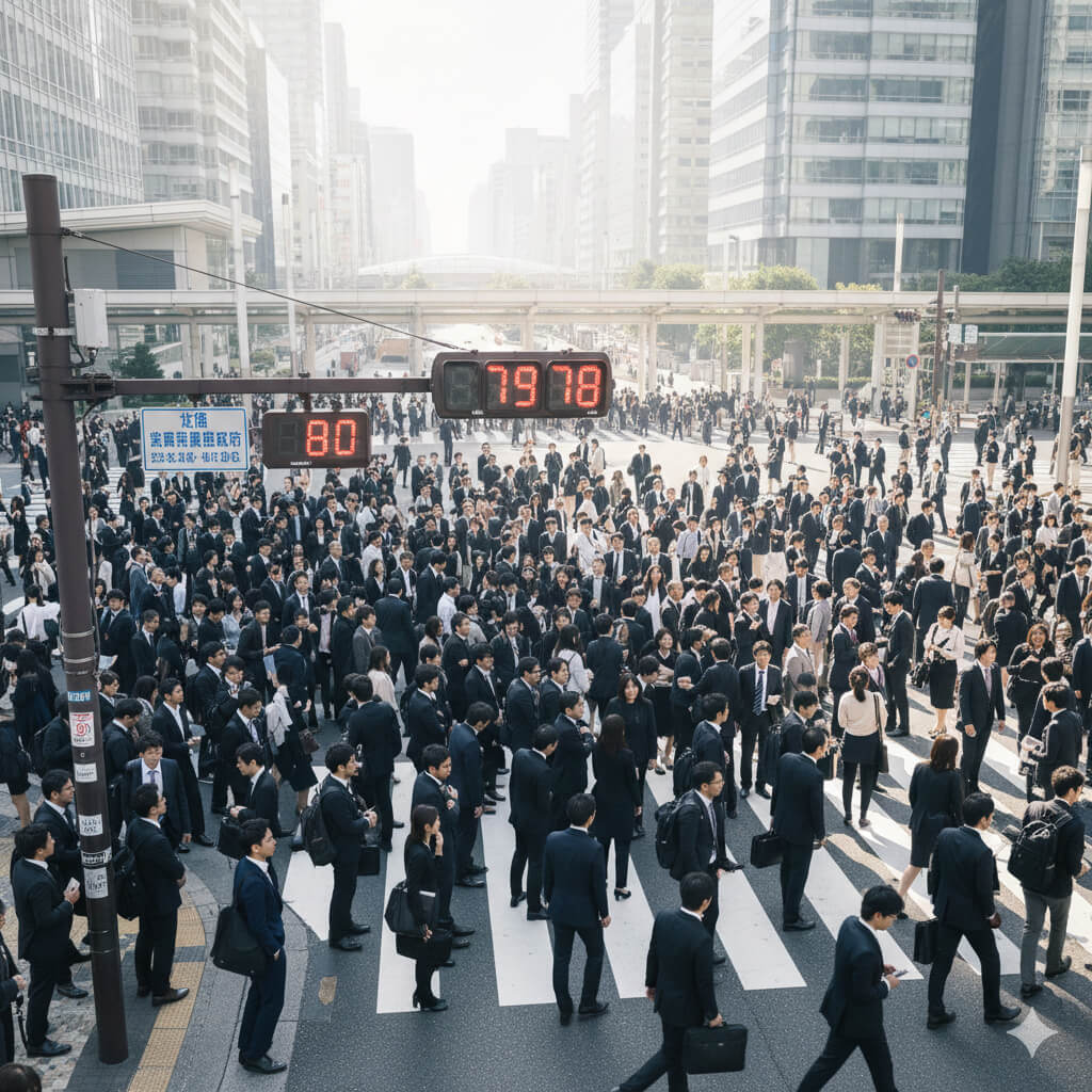 通勤ラッシュ時、多くのビジネスパーソンが信号待ちをしている交差点の俯瞰図。