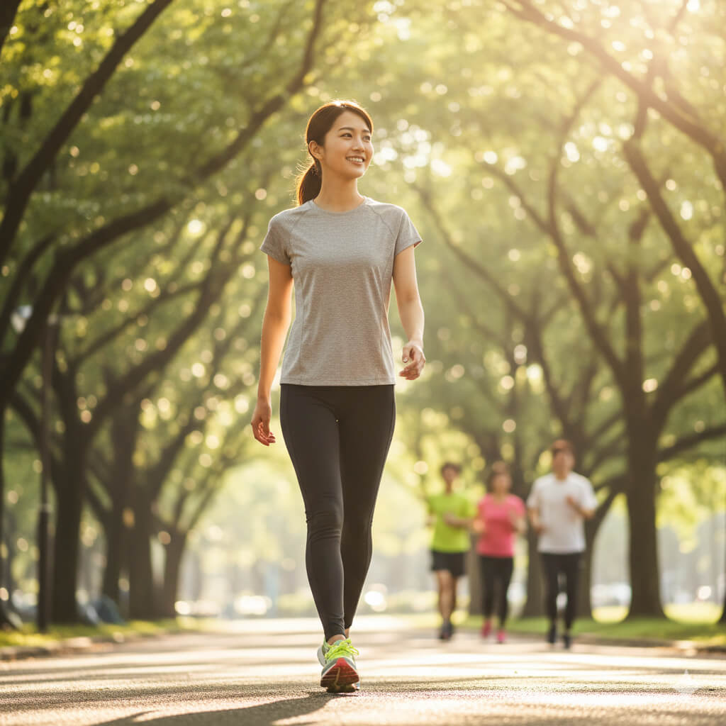 運動に適した服装で、爽やかにウォーキングをする日本人女性。