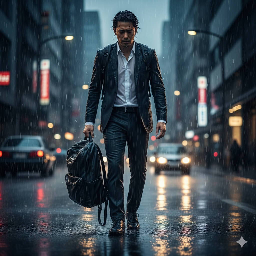 疲れ果てた表情で、雨の中を歩く日本人ビジネスパーソン。