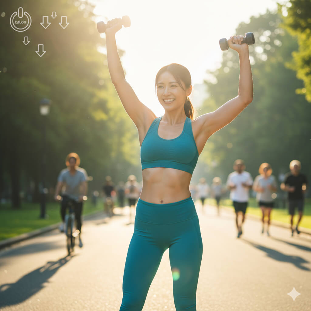 ダイエット成功を喜び、引き締まった体でポーズをとる日本人女性。