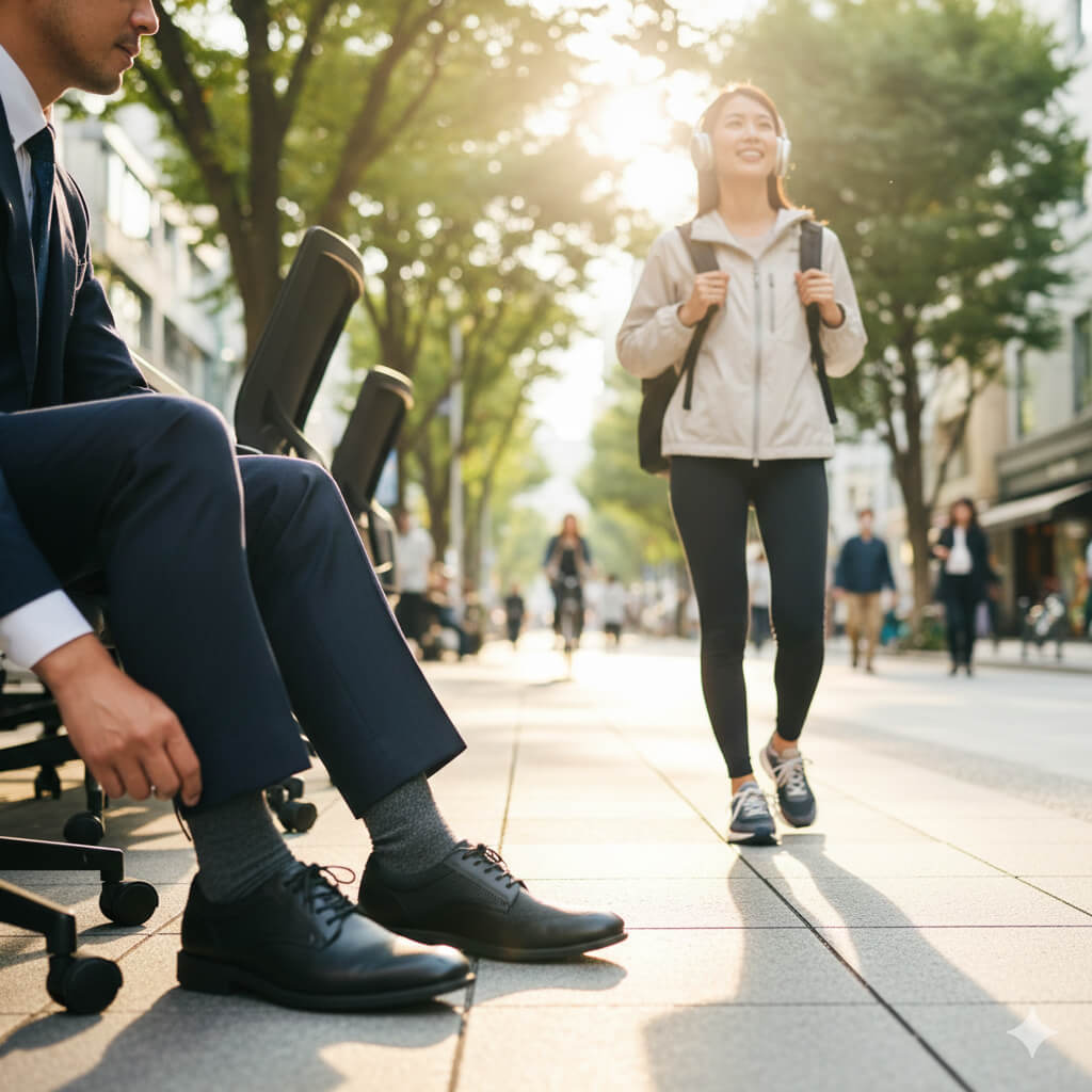 オフィスで革靴からビジネススニーカーに履き替える日本人ビジネスパーソンの足元。