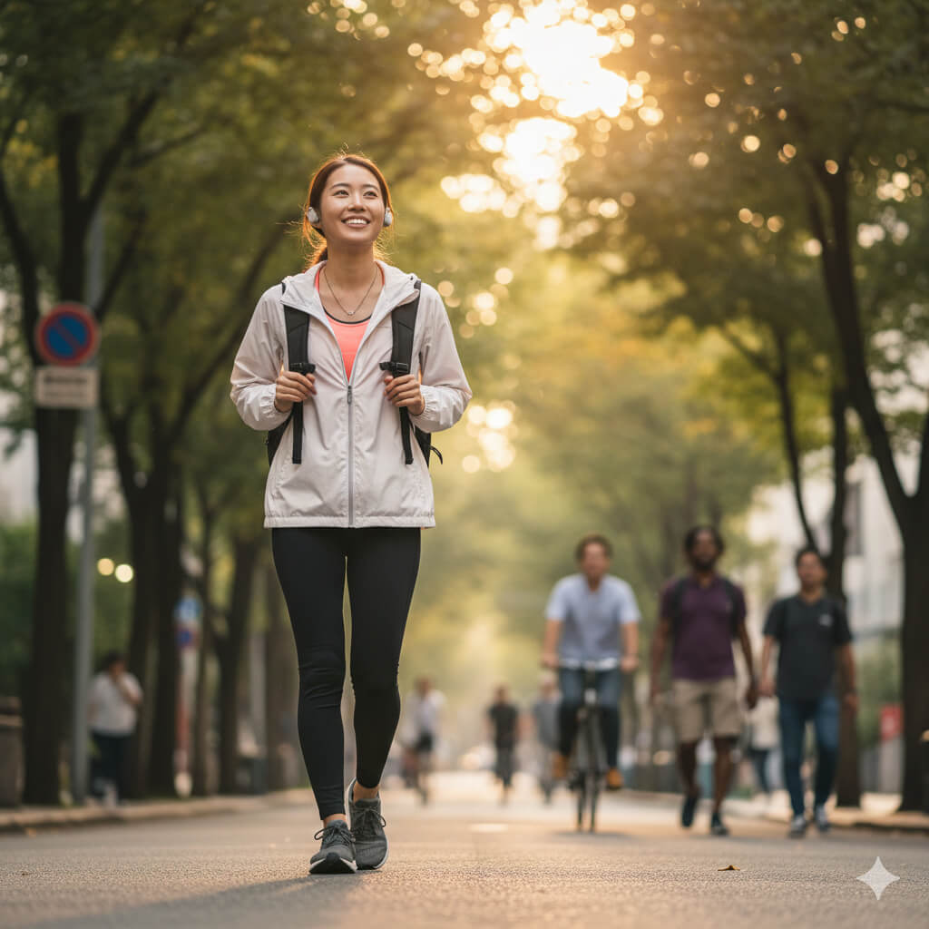 街中を気持ちよさそうに歩く日本人女性。