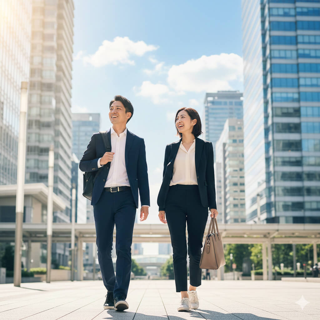 晴れた日の朝、ビジネス街を高層ビルを背景に笑顔で颯爽と徒歩通勤する日本人ビジネスパーソン。