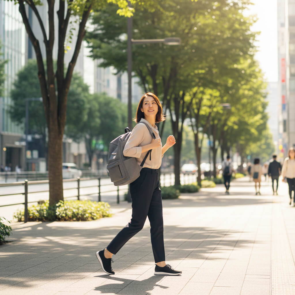 晴れた日の朝、リュックを背負って爽やかに徒歩通勤をする日本人のビジネスパーソン