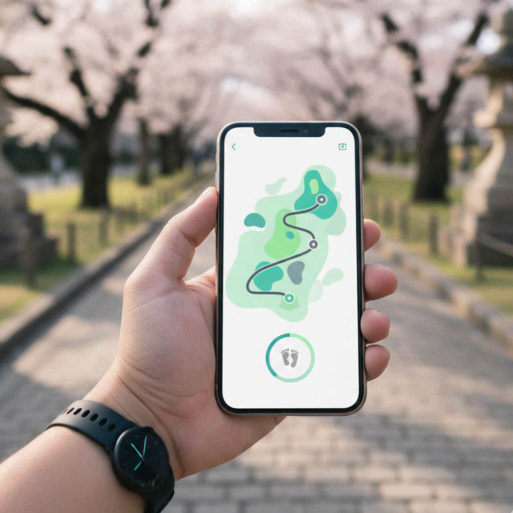 ウォーキングアプリを確認しながら歩く、徒歩通勤の消費カロリーを意識したイメージ