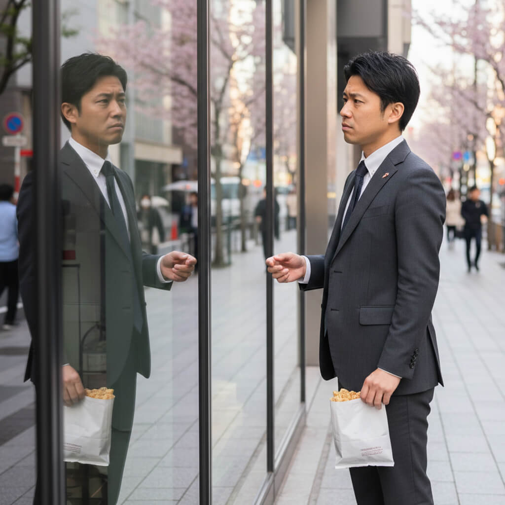 徒歩通勤中に間食の習慣を振り返り、ダイエットの停滞原因を考える日本人男性