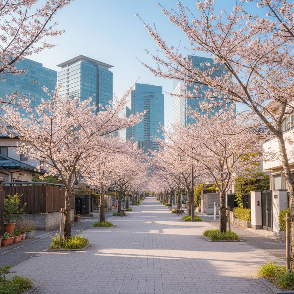 徒歩通勤に適した、オフィス街へと続く日本の美しく整備された歩道