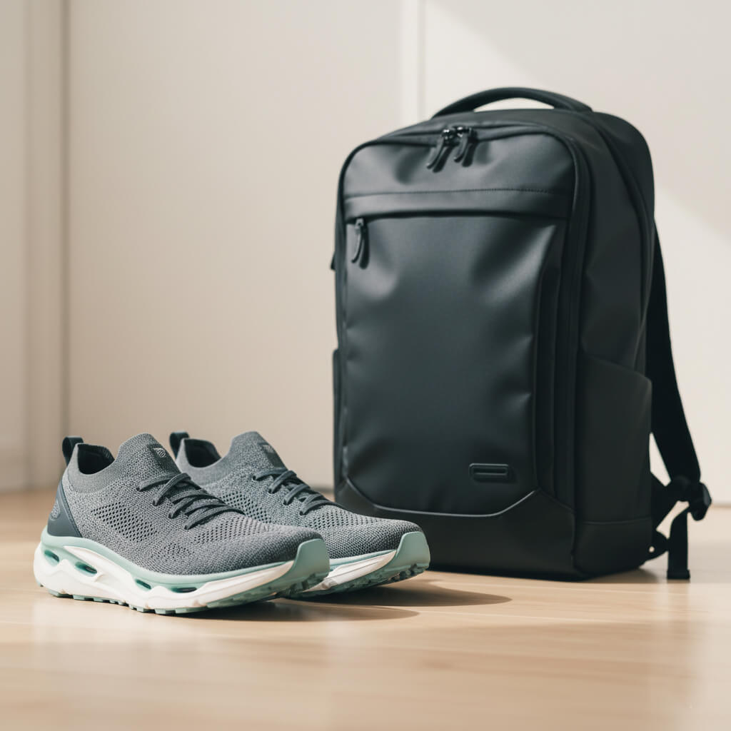 徒歩通勤を快適にするためのクッション性の高い靴とビジネスリュック