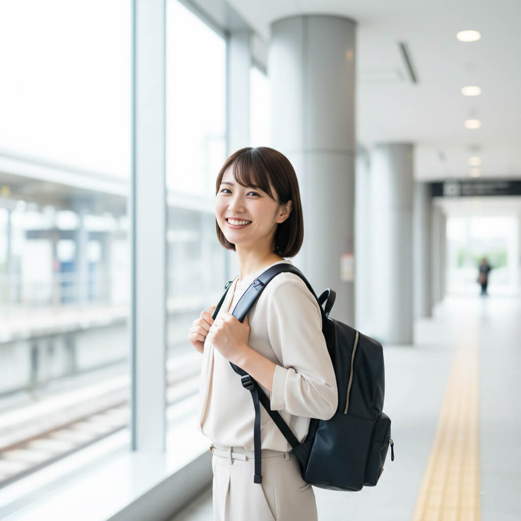 徒歩通勤を習慣化し、健康的で明るい表情を見せる日本人の女性